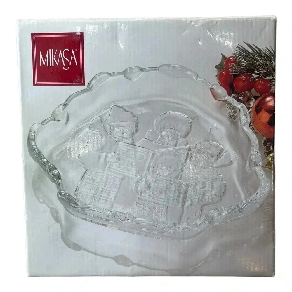 Mikasa Christmas Carolers Vintage 8” Clear Glass Etched Edge Holiday Candy Dish